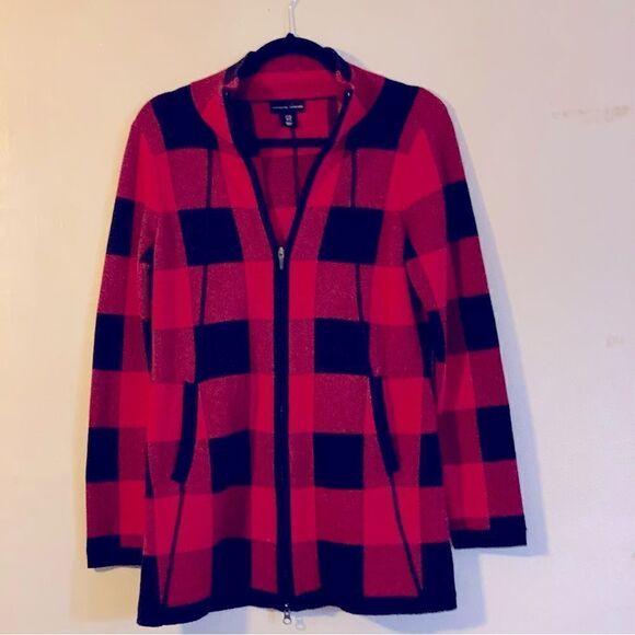 Adrienne Vittadini Buffalo Plaid Cardigan Sweater Pockets Double Zipper Sz Med - Picture 1 of 6